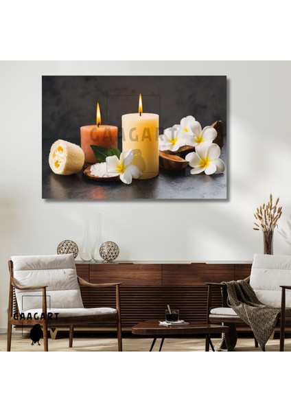 Tekli Yatay Kanvas Duvar Tablosu Bali Çiçeği ve Mum Spa Merkezi