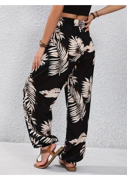 Kadın Yüksek Bel Bağcıklı Yaprak Desenli Süprem Pantolon fırsatları