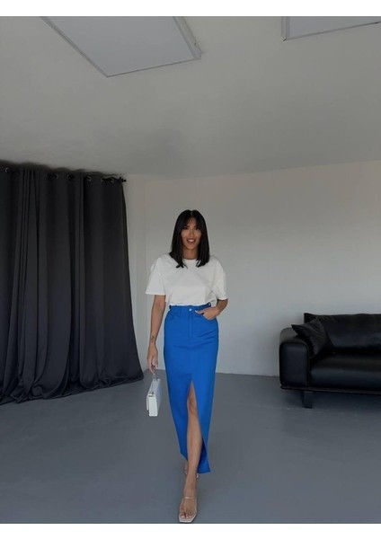 Gabardin Uzun Önden Yırtmaçlı Etek - Saks