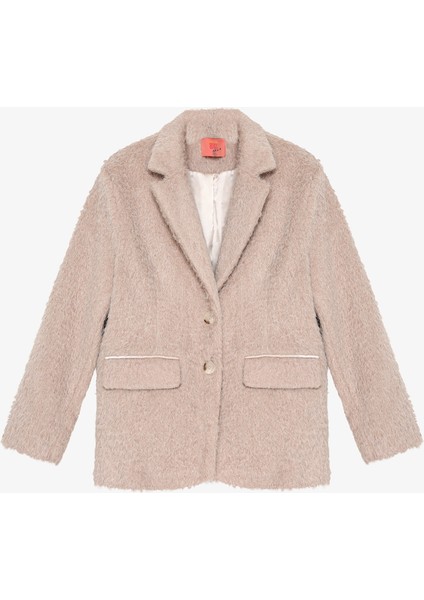 Tüylü Dokulu Oversize Blazer Ceket Bej