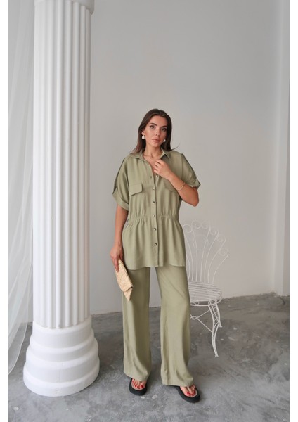 Keten Belden Büzgü Detaylı Gömlek - Pantolon Takım - Yeşil fiyatları