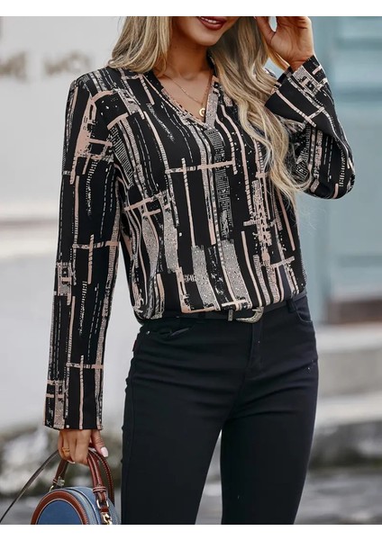 Kadın Uzun Kollu V Yakalı Desenli Dalgıç Bluz fırsatları
