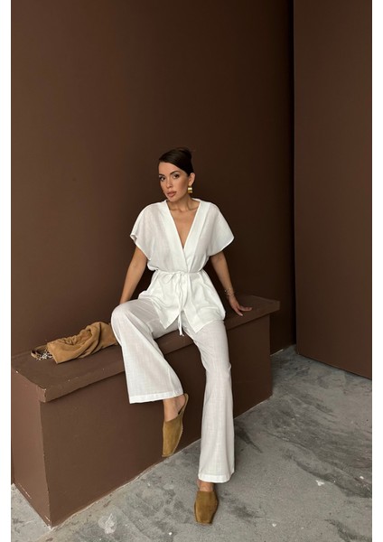 Keten V Yaka Belden Bağlamalı Bluz-Pantolon Takım - Beyaz