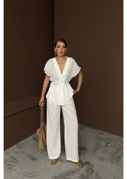 Keten V Yaka Belden Bağlamalı Bluz-Pantolon Takım - Beyaz fiyatları
