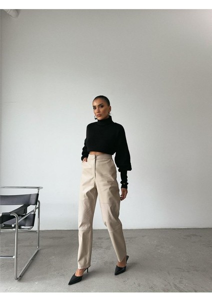 Deri Pantolon Diz Parçalı - Taş