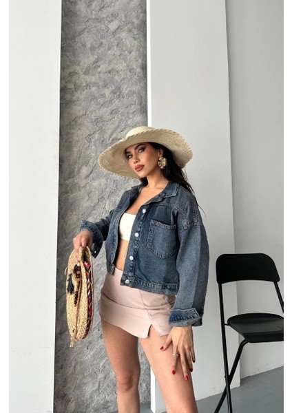 Çift Cepli Kol Katlamalı Kar Yıkama Crop Kot Ceket Kahve Tint D2000 modelleri