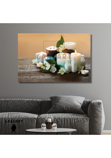 Tekli Yatay Kanvas Duvar Tablosu Beyaz Çiçekler Spa Merkezi Mum