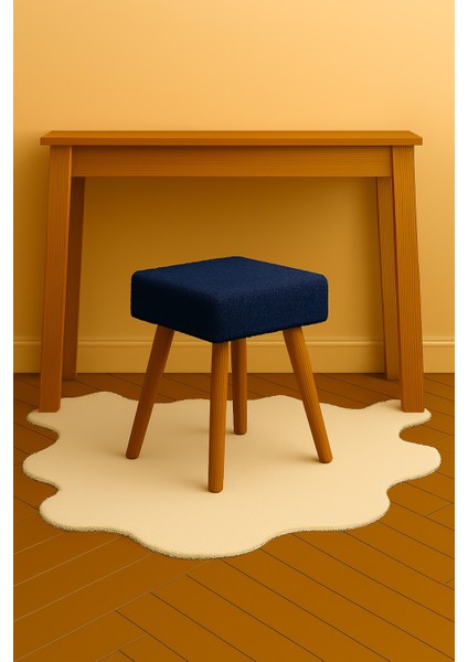 Lacivert Teddy Kare Puf Bench Ahşap Modern Ayak Dekoratif Peluş Tabure