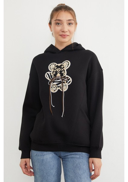 3 Iplik Ayıcık Nakışlı Cepli Kapüşonlu Oversize Sweatshirt fiyatları