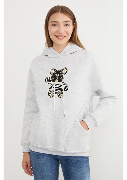 3 Iplik Ayıcık Nakışlı Cepli Kapüşonlu Oversize Sweatshirt
