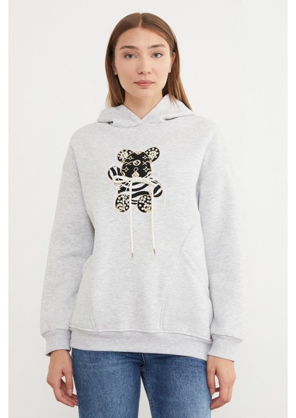 3 Iplik Ayıcık Nakışlı Cepli Kapüşonlu Oversize Sweatshirt fiyatları
