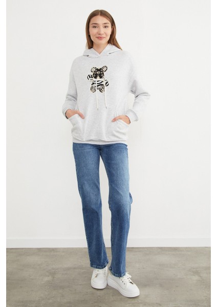 3 Iplik Ayıcık Nakışlı Cepli Kapüşonlu Oversize Sweatshirt modelleri