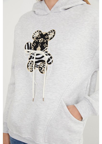 3 Iplik Ayıcık Nakışlı Cepli Kapüşonlu Oversize Sweatshirt fırsatları