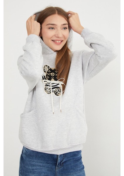 3 Iplik Ayıcık Nakışlı Cepli Kapüşonlu Oversize Sweatshirt indirimleri