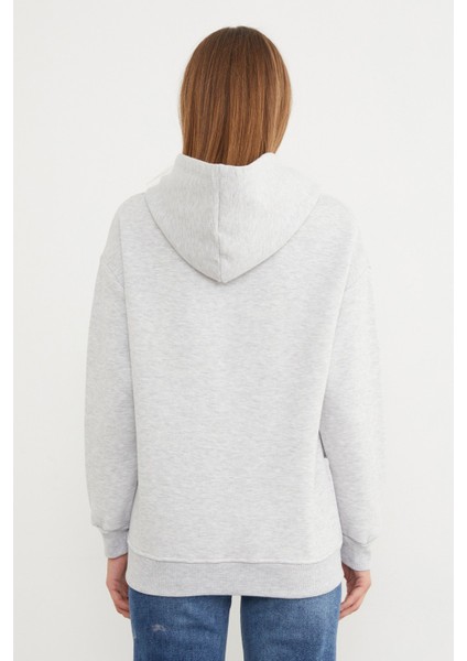 3 Iplik Ayıcık Nakışlı Cepli Kapüşonlu Oversize Sweatshirt