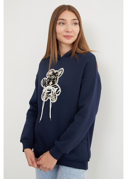 3 Iplik Ayıcık Nakışlı Cepli Kapüşonlu Oversize Sweatshirt