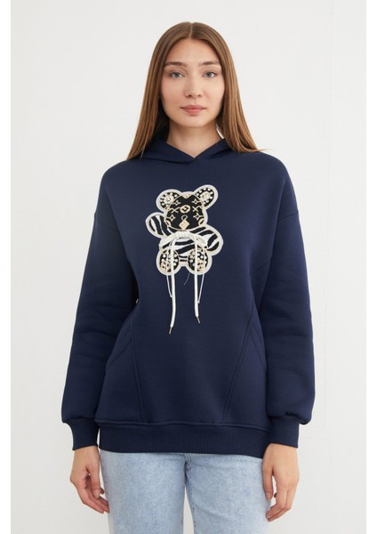 3 Iplik Ayıcık Nakışlı Cepli Kapüşonlu Oversize Sweatshirt fiyatları