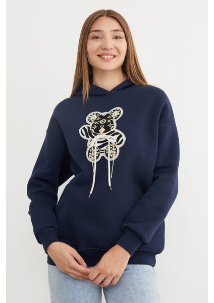 3 Iplik Ayıcık Nakışlı Cepli Kapüşonlu Oversize Sweatshirt modelleri