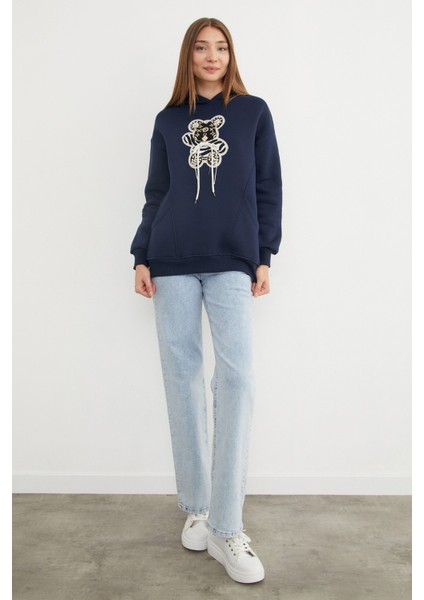3 Iplik Ayıcık Nakışlı Cepli Kapüşonlu Oversize Sweatshirt fırsatları