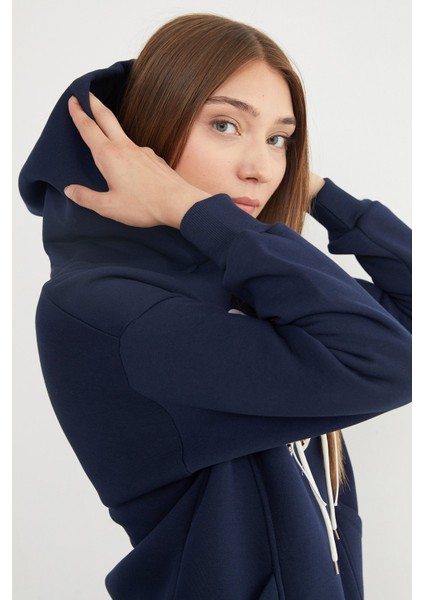 3 Iplik Ayıcık Nakışlı Cepli Kapüşonlu Oversize Sweatshirt