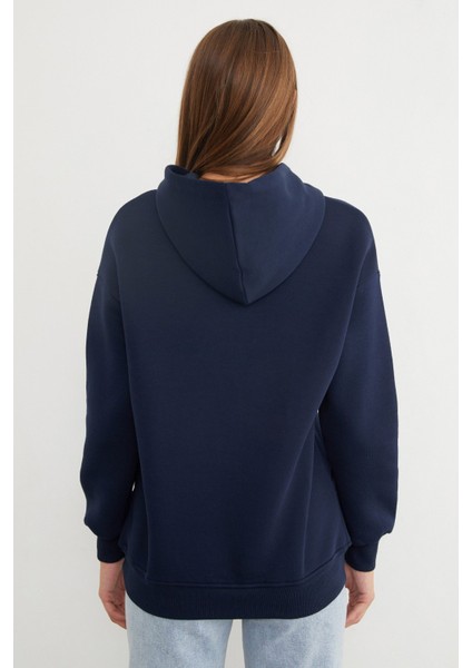 3 Iplik Ayıcık Nakışlı Cepli Kapüşonlu Oversize Sweatshirt