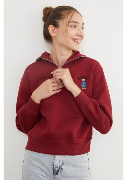3 Iplik Ayıcık Nakışlı Yarım Fermuarlı Sweatshirt