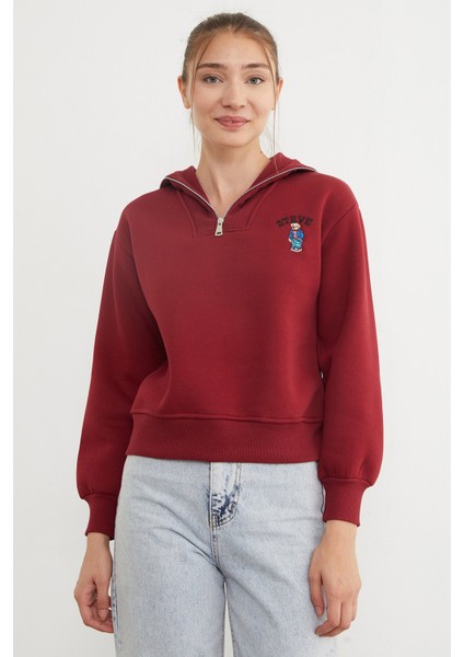 3 Iplik Ayıcık Nakışlı Yarım Fermuarlı Sweatshirt fiyatları