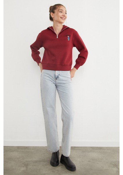 3 Iplik Ayıcık Nakışlı Yarım Fermuarlı Sweatshirt modelleri