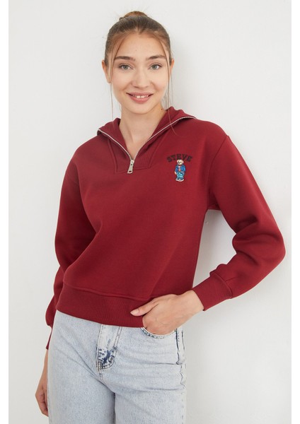 3 Iplik Ayıcık Nakışlı Yarım Fermuarlı Sweatshirt fırsatları