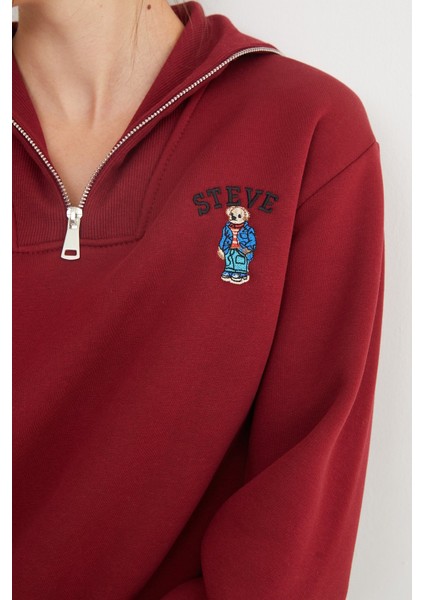 3 Iplik Ayıcık Nakışlı Yarım Fermuarlı Sweatshirt indirimleri