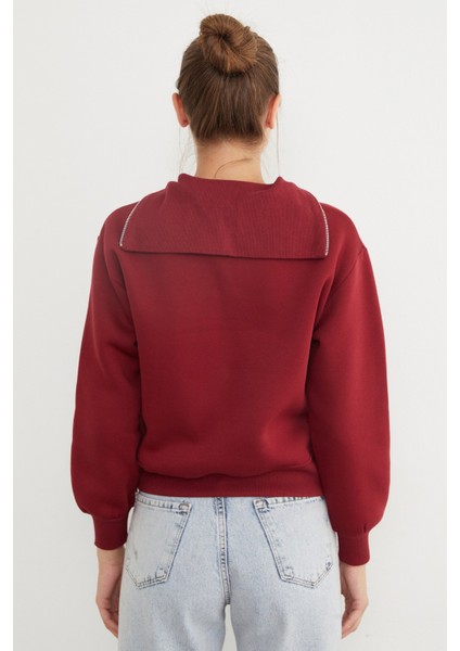 3 Iplik Ayıcık Nakışlı Yarım Fermuarlı Sweatshirt