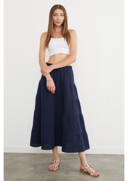 Beli Lastikli Keten Görünümlü Etek