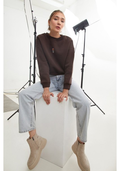 3 Iplik Ayıcık Nakışlı Bisiklet Yaka Sweatshirt