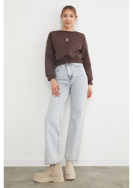 3 Iplik Ayıcık Nakışlı Bisiklet Yaka Sweatshirt