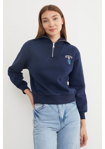 3 Iplik Ayıcık Nakışlı Yarım Fermuarlı Sweatshirt