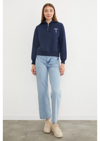 3 Iplik Ayıcık Nakışlı Yarım Fermuarlı Sweatshirt modelleri