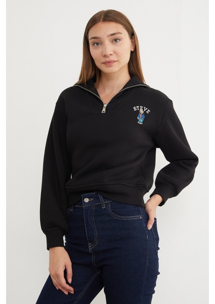 3 Iplik Ayıcık Nakışlı Yarım Fermuarlı Sweatshirt