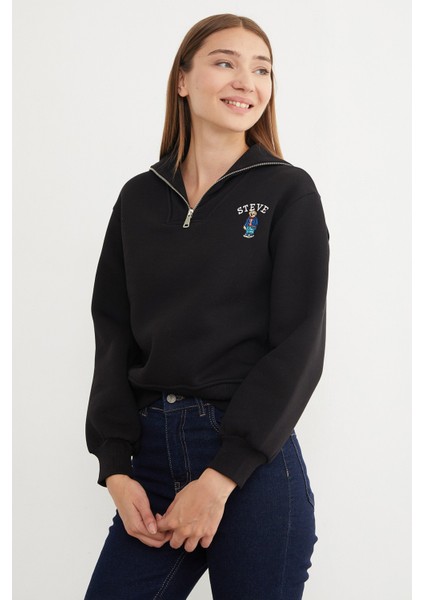 3 Iplik Ayıcık Nakışlı Yarım Fermuarlı Sweatshirt modelleri