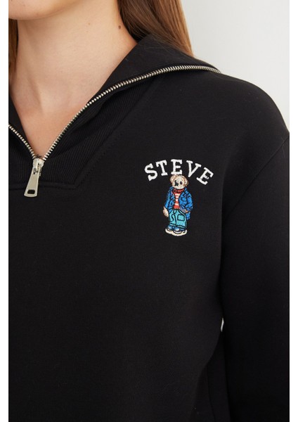 3 Iplik Ayıcık Nakışlı Yarım Fermuarlı Sweatshirt indirimleri