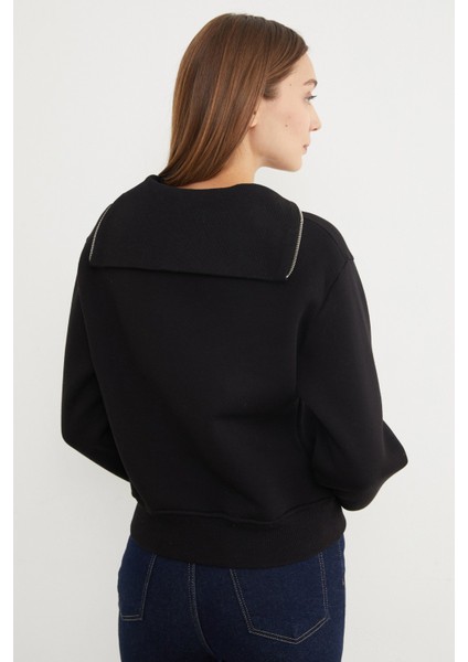3 Iplik Ayıcık Nakışlı Yarım Fermuarlı Sweatshirt