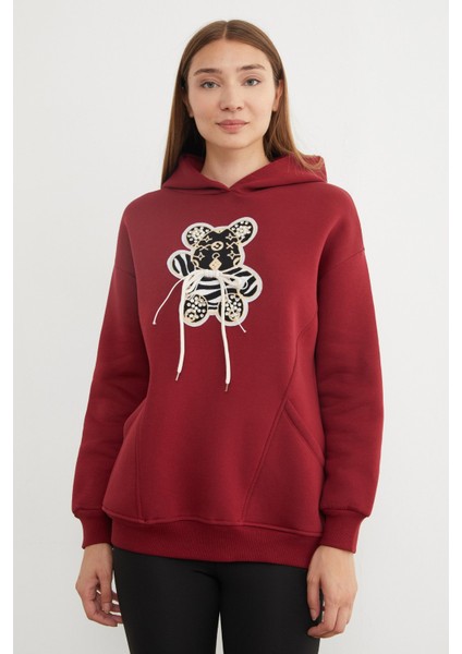 3 Iplik Ayıcık Nakışlı Cepli Kapüşonlu Oversize Sweatshirt modelleri