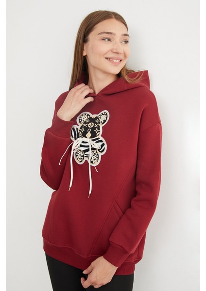 3 Iplik Ayıcık Nakışlı Cepli Kapüşonlu Oversize Sweatshirt indirimleri
