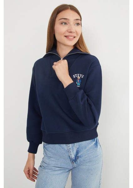 3 Iplik Ayıcık Nakışlı Yarım Fermuarlı Sweatshirt fırsatları