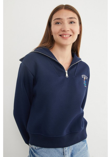 3 Iplik Ayıcık Nakışlı Yarım Fermuarlı Sweatshirt