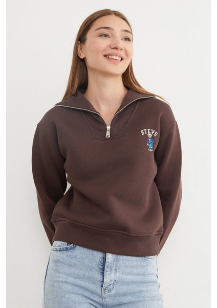 3 Iplik Ayıcık Nakışlı Yarım Fermuarlı Sweatshirt