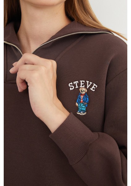 3 Iplik Ayıcık Nakışlı Yarım Fermuarlı Sweatshirt fırsatları