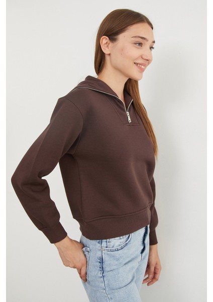 3 Iplik Ayıcık Nakışlı Yarım Fermuarlı Sweatshirt