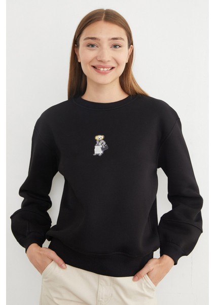 3 Iplik Ayıcık Nakışlı Bisiklet Yaka Sweatshirt