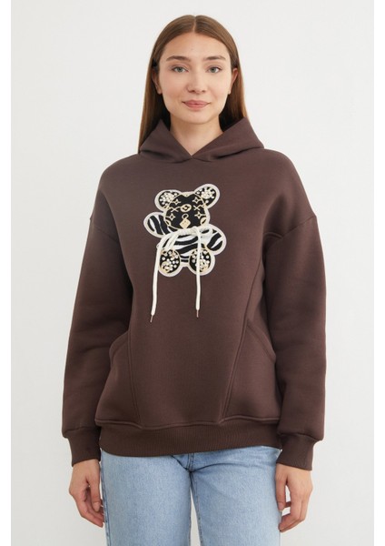 3 Iplik Ayıcık Nakışlı Cepli Kapüşonlu Oversize Sweatshirt