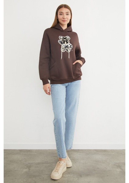 3 Iplik Ayıcık Nakışlı Cepli Kapüşonlu Oversize Sweatshirt fiyatları